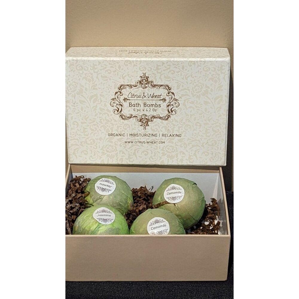 Citrus & Wheat Bath Bombs 4 Pk Organic Moisturizing Relaxing Jasmine & Chamomile